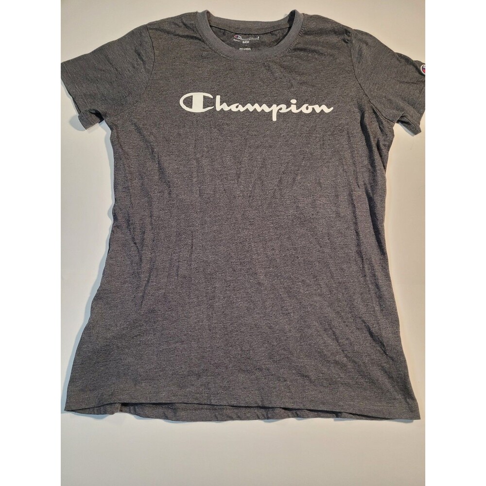 Champion Womens T-Shirt Small Grey Script Graphic Logo Short Sleeve Tee S #104